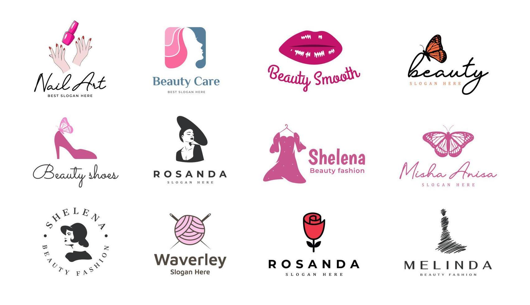 conjunto de cosméticos de ícone de moda beleza, boutique, glamour, feminino, maquiagem, joias, design de logotipo de cuidados com a mulher. vetor