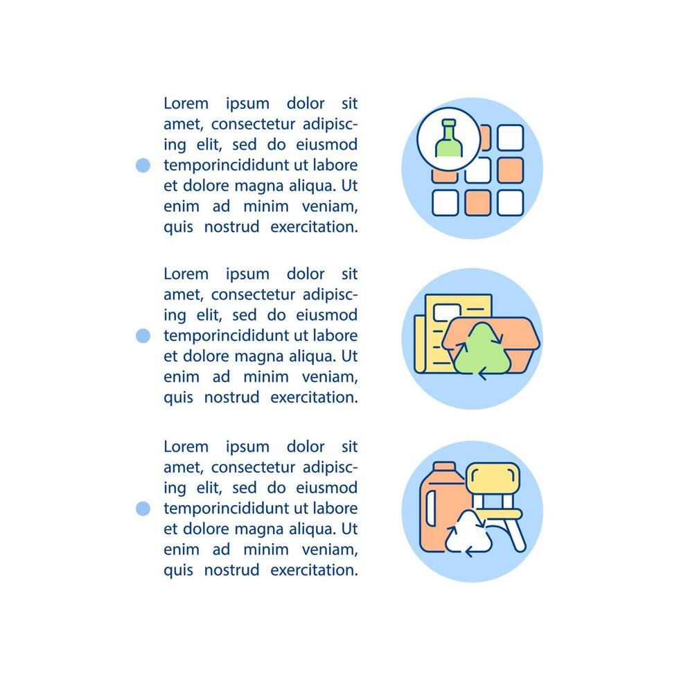 ícones de linha de conceito de materiais reciclados com texto. modelo de vetor de página ppt com espaço de cópia. brochura, revista, elemento de design de boletim informativo. ilustrações lineares de redução de nível de resíduos em branco