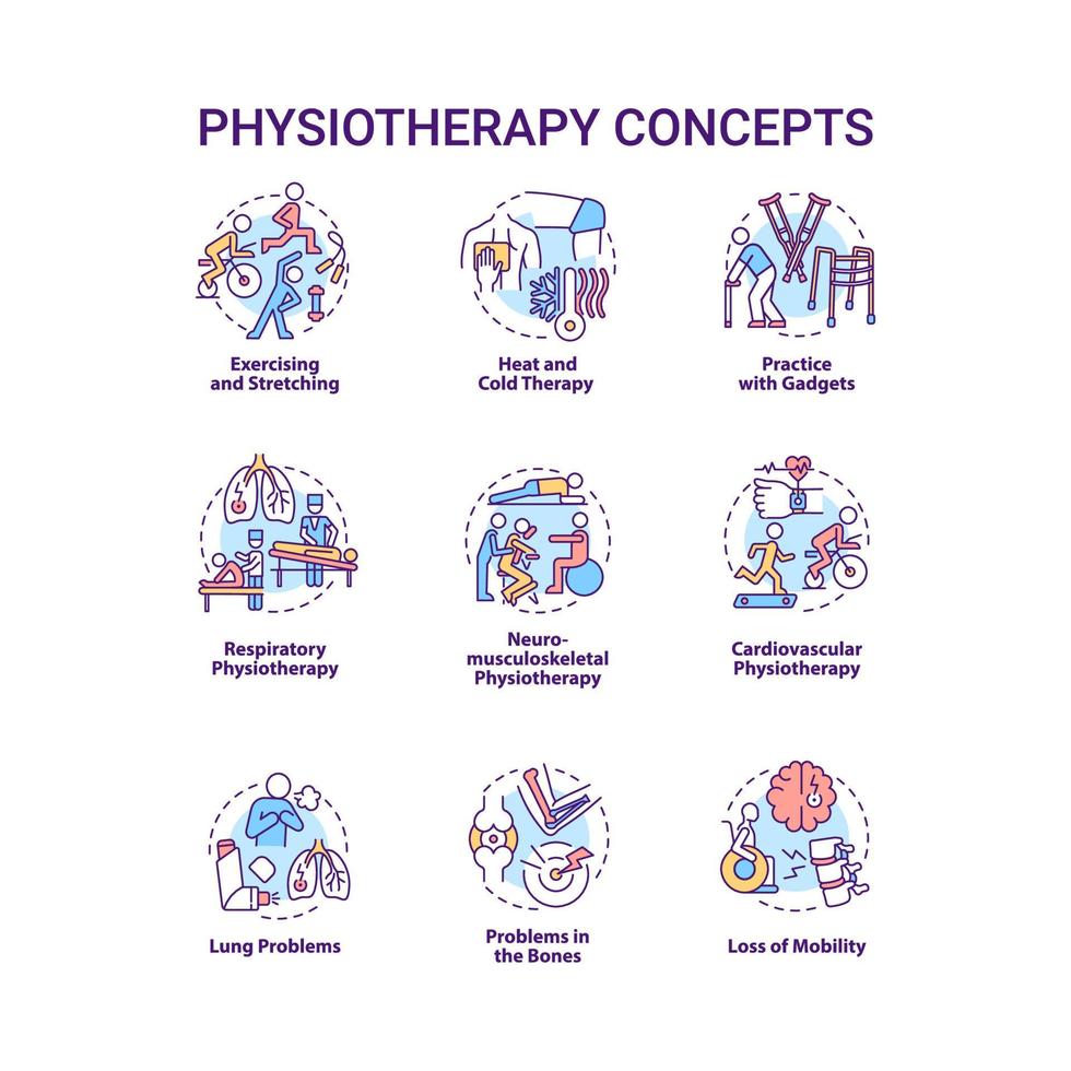 conjunto de ícones do conceito de fisioterapia. exercício e alongamento. terapia de calor e frio. ilustração de cores de linha fina de ideia de tratamento de terapeuta. desenhos de contorno isolado de vetor. traço editável vetor