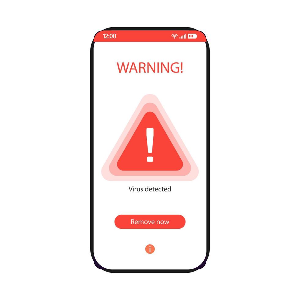 modelo de vetor de interface de smartphone de aplicativo antivírus. layout de design de página em branco de aplicativo de segurança móvel. mensagem de aviso de vírus detectado na tela. interface plana. software de proteção de telefone contra malware