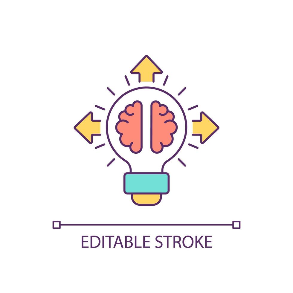 ícone de cor rgb de ideia inovadora. decisão criativa. compartilhamento da solução. divulgação da propriedade intelectual. ilustração vetorial isolado. desenho de linha preenchido simples. traço editável vetor