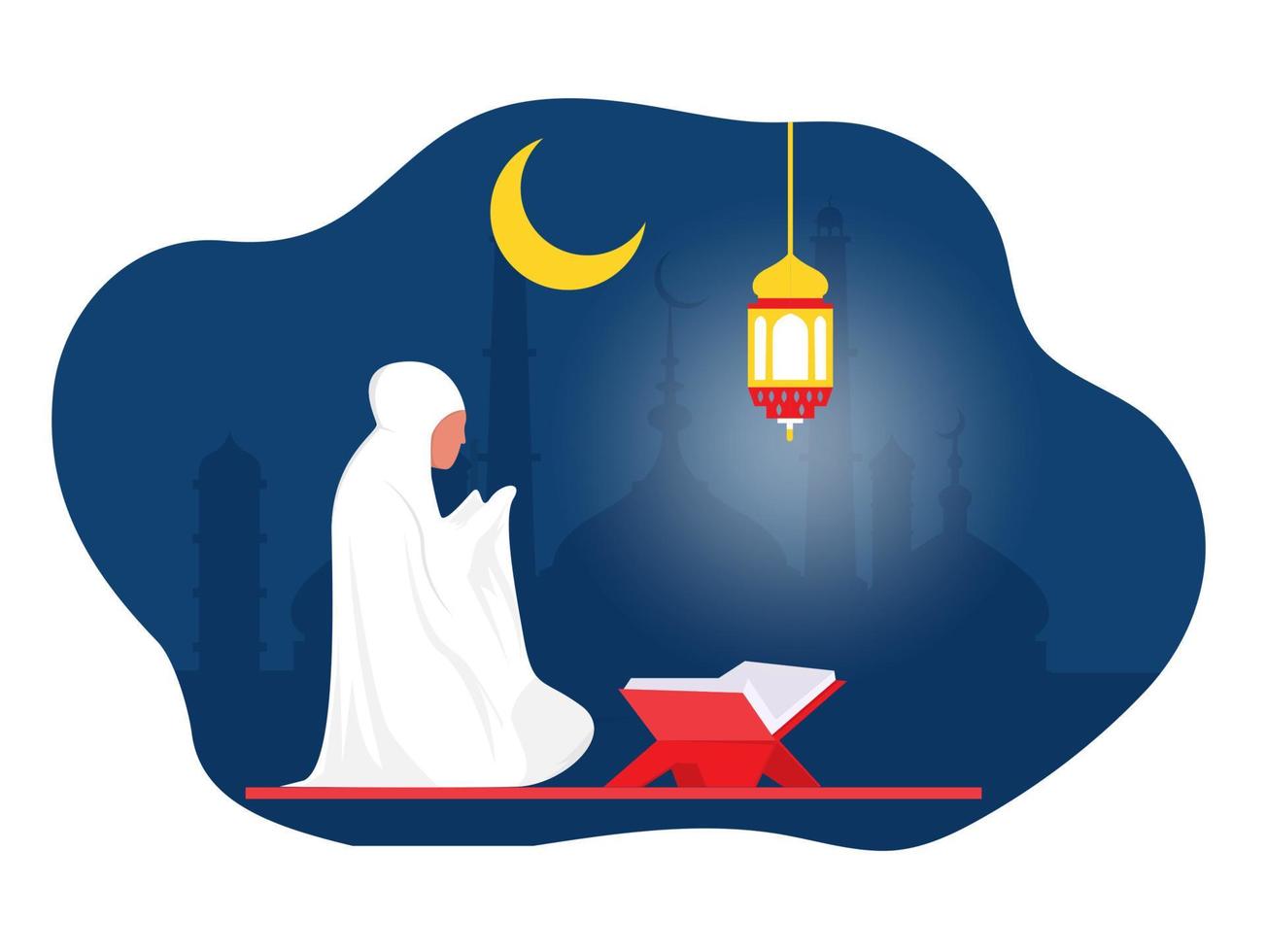 noite do ramadã com personagem feminina muçulmana sentada de joelhos, orar, pedindo ajuda a Deus. fé, religião, conceito de problema vetor