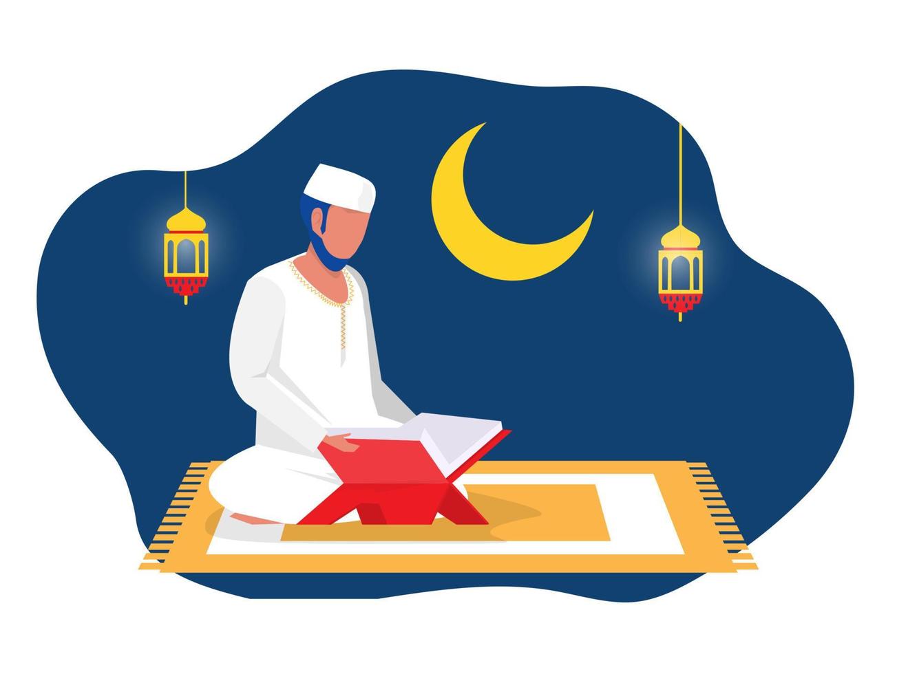 noite do ramadã com homem muçulmano lendo al quran o livro sagrado do islã ilustração plana mesquita fundo arco tradicional lanterna pendurada luz ornamento vetor