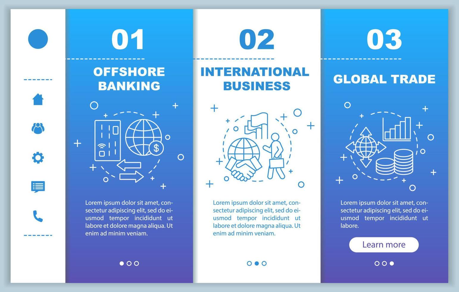 Modelo de vetor de tela de página de aplicativo móvel de integração de cozimento offshore. negócios internacionais, comércio global, etapas de gerenciamento de finanças com ilustrações lineares. ux, ui, gui conceito de interface de smartphone