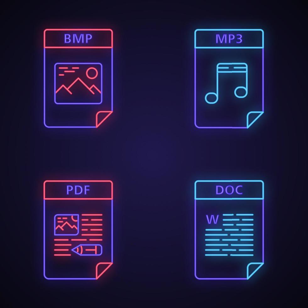 arquivos formato conjunto de ícones de luz neon. imagem, arquivos de áudio, documentos de texto. bmp, mp3, pdf, doc. sinais brilhantes. ilustrações vetoriais isoladas vetor