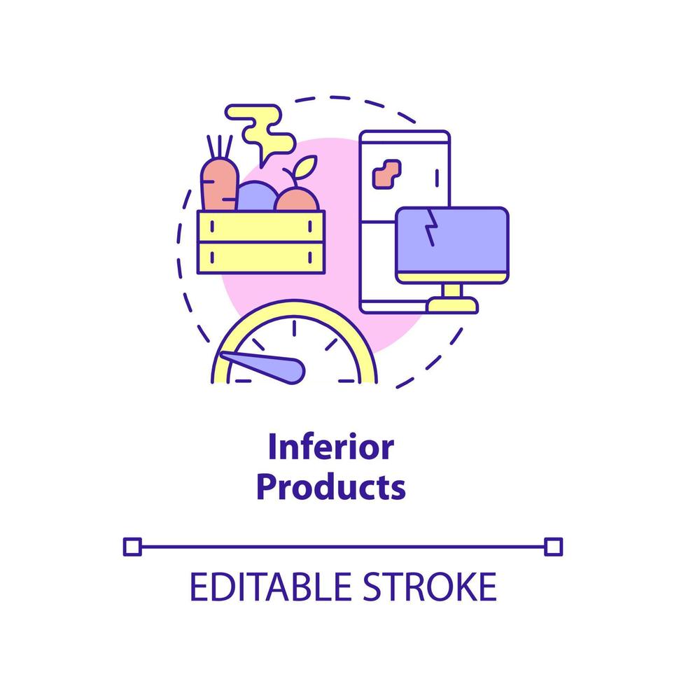 ícone do conceito de produtos inferiores. mercadorias de má qualidade. economia de mercado contras idéia abstrata ilustração de linha fina. desenho de contorno isolado. traço editável. arial, uma miríade de fontes pró-negrito usadas vetor