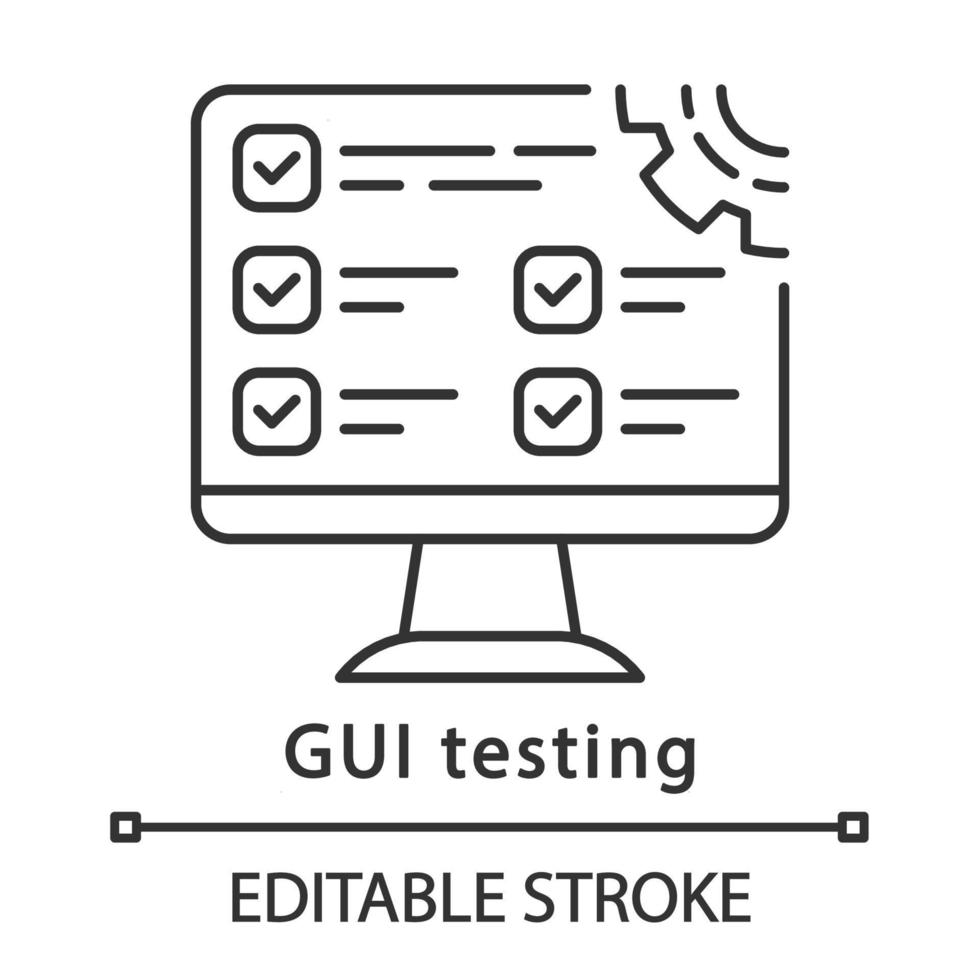 gui testando ícone linear. configurações do programa. monitor de computador. testador, trabalho de engenheiro de garantia de qualidade. ilustração de linha fina. símbolo de contorno. desenho de contorno isolado de vetor. traço editável vetor