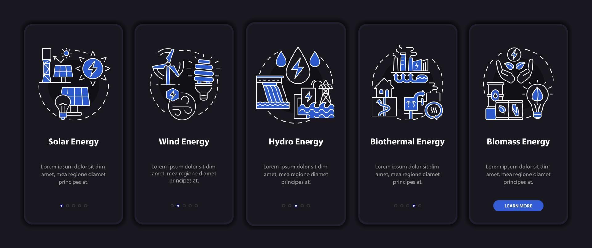 tela da página do aplicativo móvel de integração de energia renovável. power walkthrough 5 passos instruções gráficas com conceitos lineares. ui, ux, modelo de gui. modo noturno. uma miríade de fontes regulares pró-negrito usadas vetor