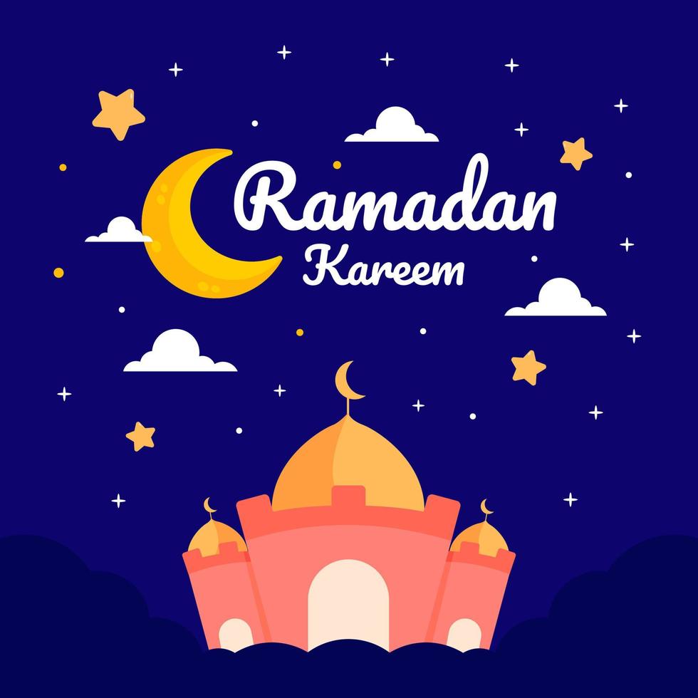 ilustração de ramadan kareem com lua crescente e conceito de mesquita. estilo de desenho animado de design plano vetor