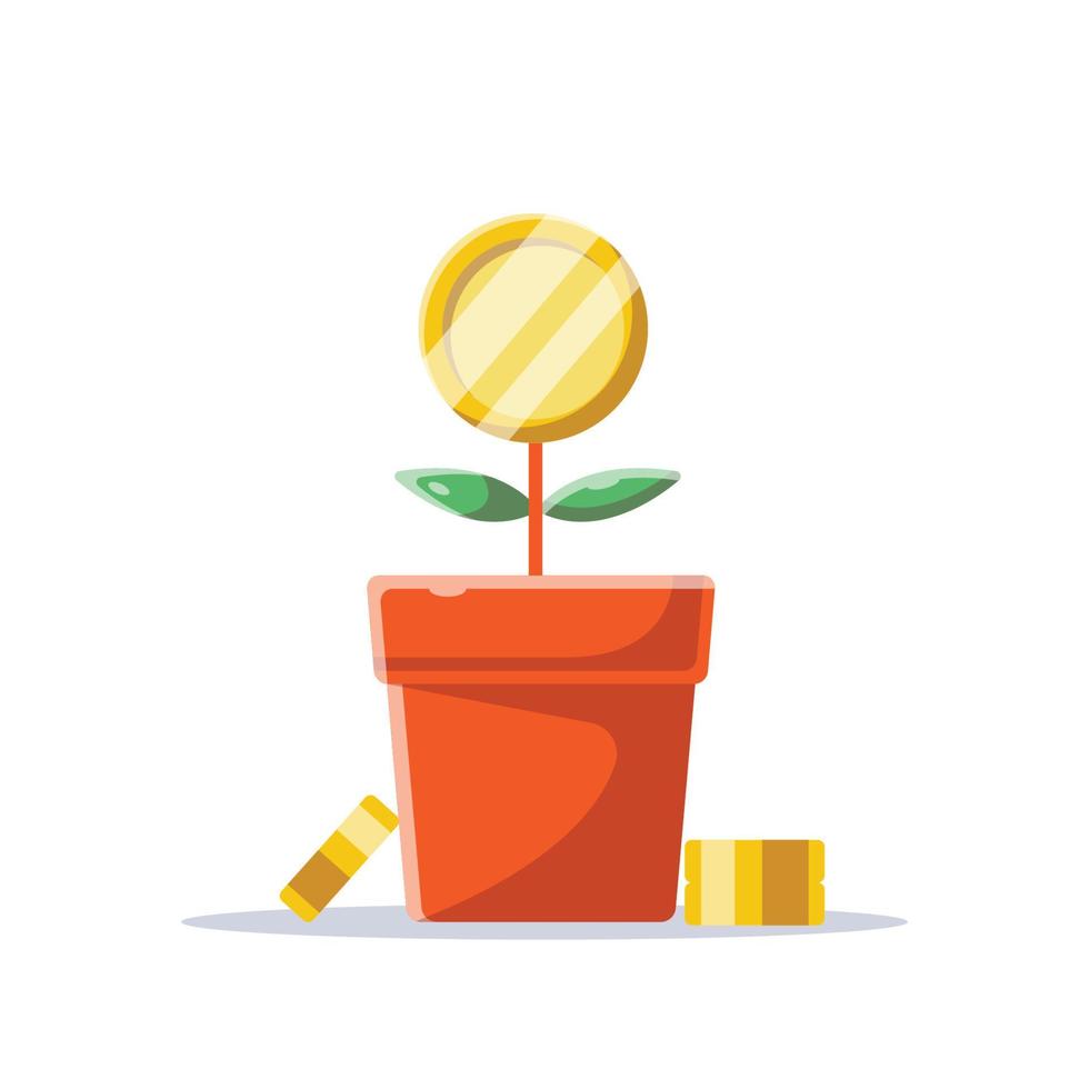 vaso de flores de moeda de ouro, solução criativa para ganhar dinheiro, motivação do escritório. ilustração em vetor estilo simples dos desenhos animados isolado no fundo branco. conceito de sucesso empresarial