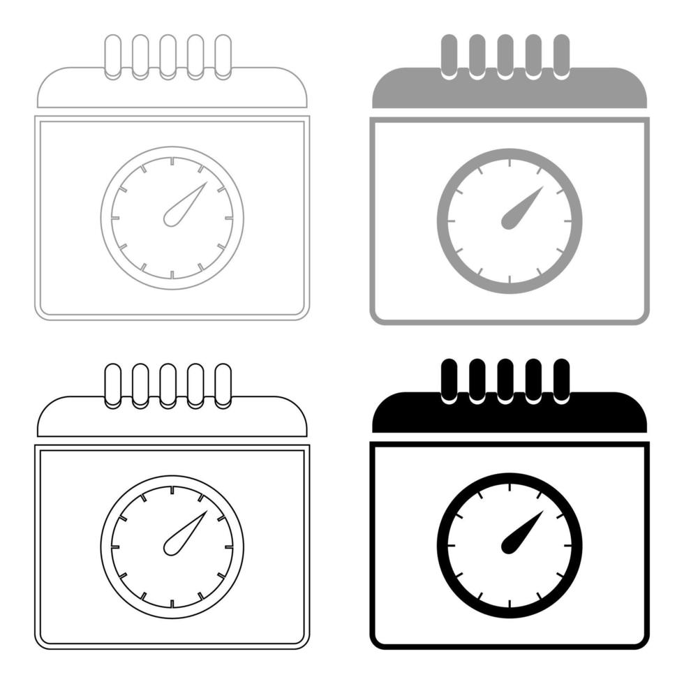 calendário com um relógio o ícone de cor cinza preto definido vetor