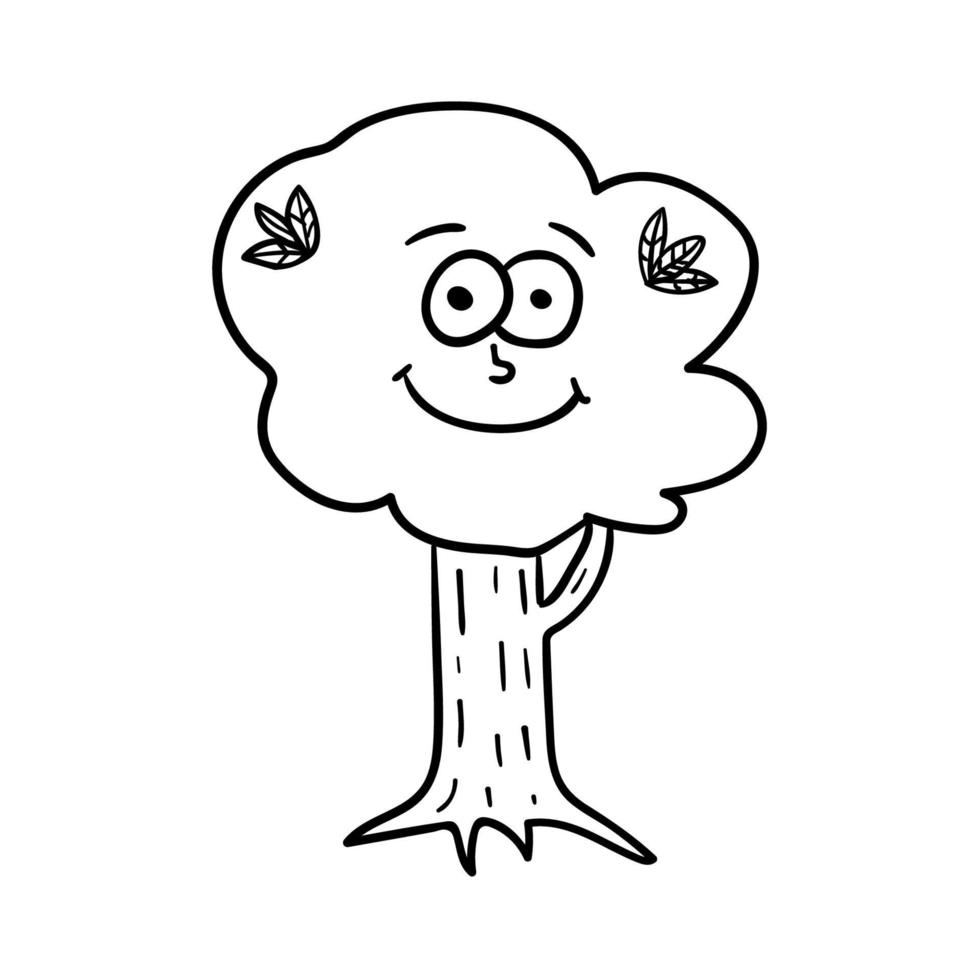 árvore feliz linear do doodle dos desenhos animados isolada no fundo branco. vetor