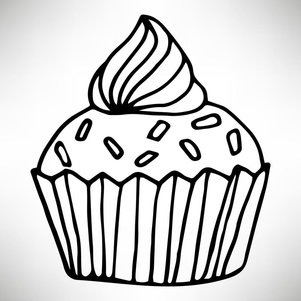 ícone de cupcake bonito mão desenhada. bolo de contorno de linha fina preta isolado no fundo branco. elemento de design para livro de colorir para adultos. vetor