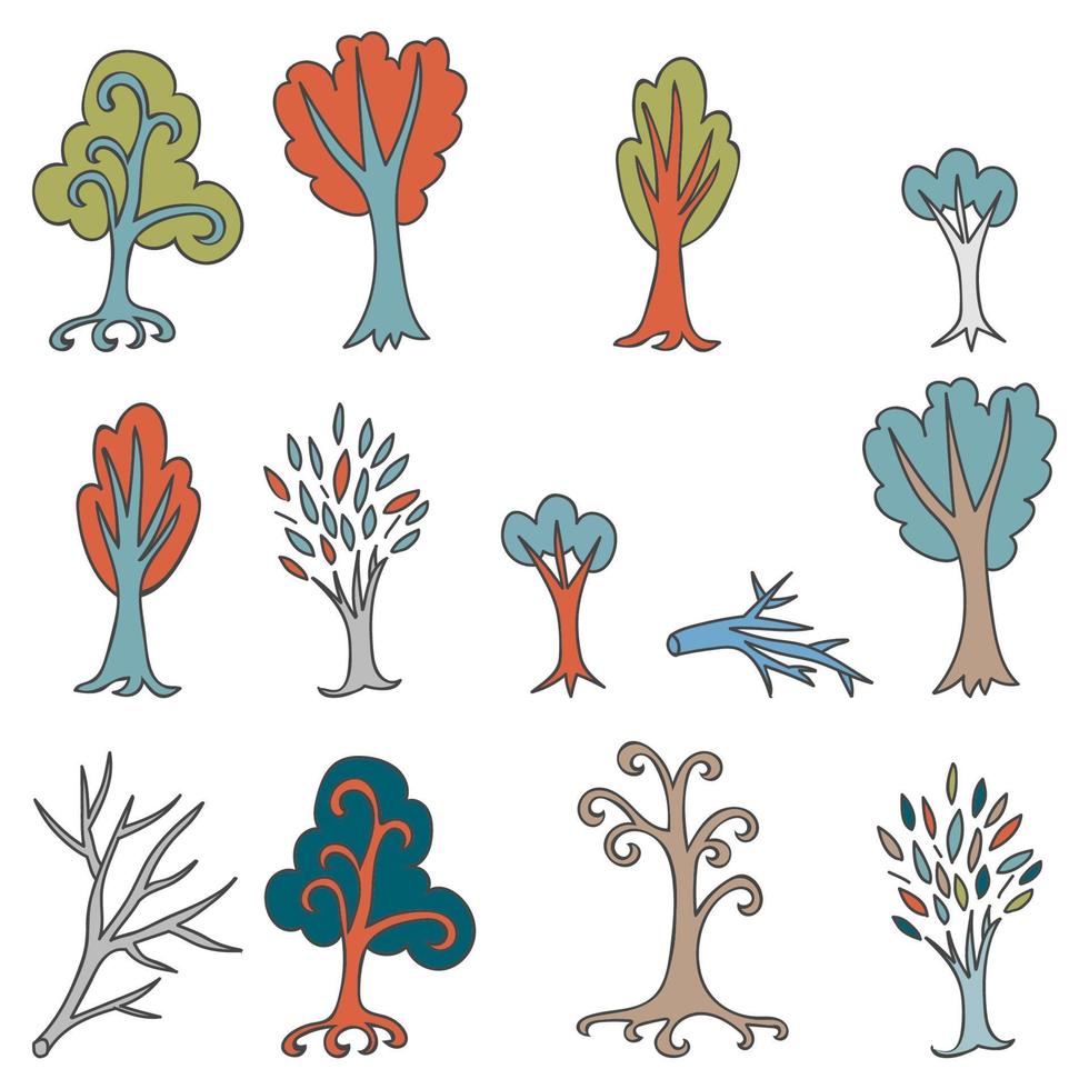 conjunto de doodle colorido de diferentes árvores e galhos. coleção de floresta fofa desenhada à mão. floresta de desenhos animados. o melhor para design, site. vetor