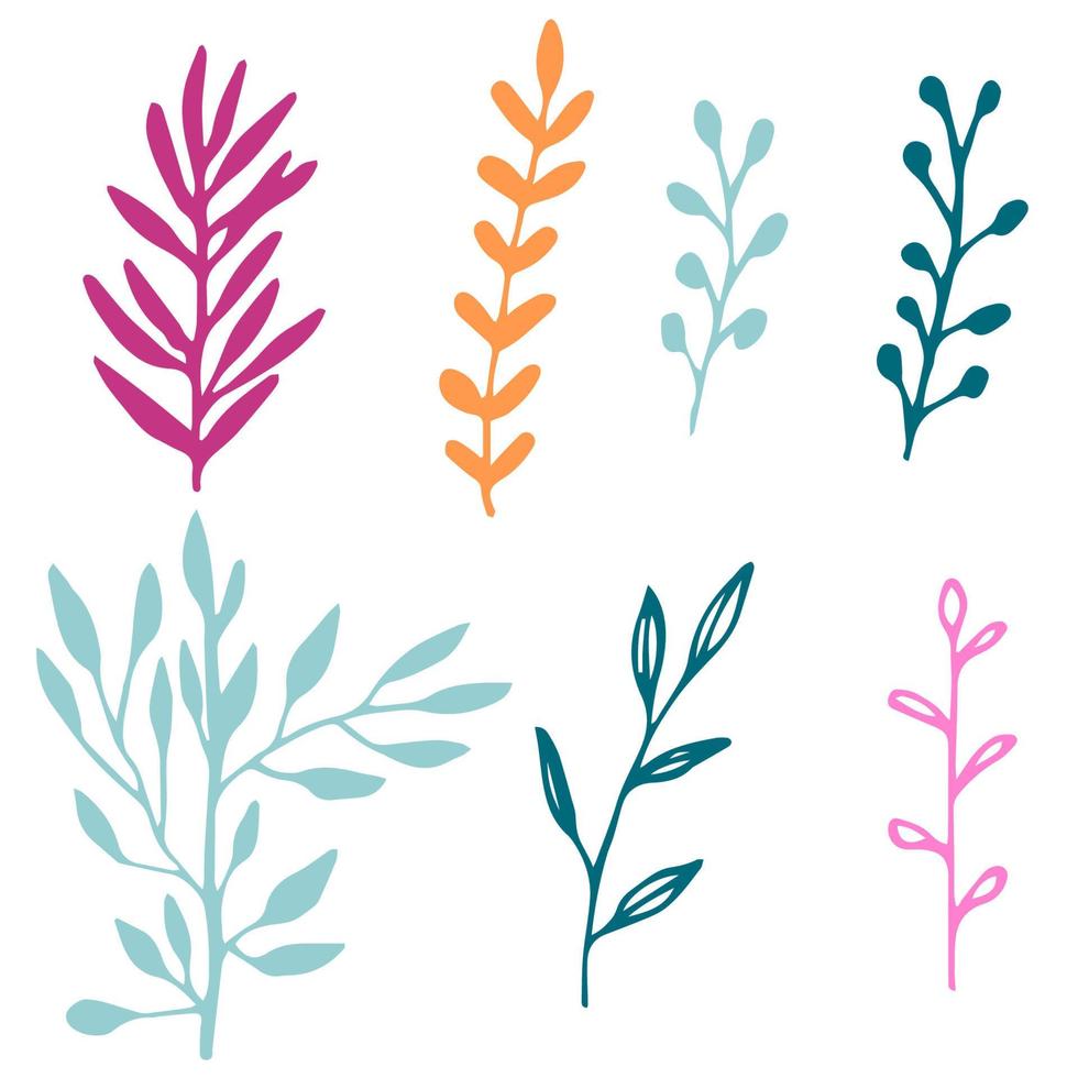 conjunto de elementos florais de doodle desenhados à mão azul, rosa, amarelo com galhos e folhas isoladas no fundo branco. vetor