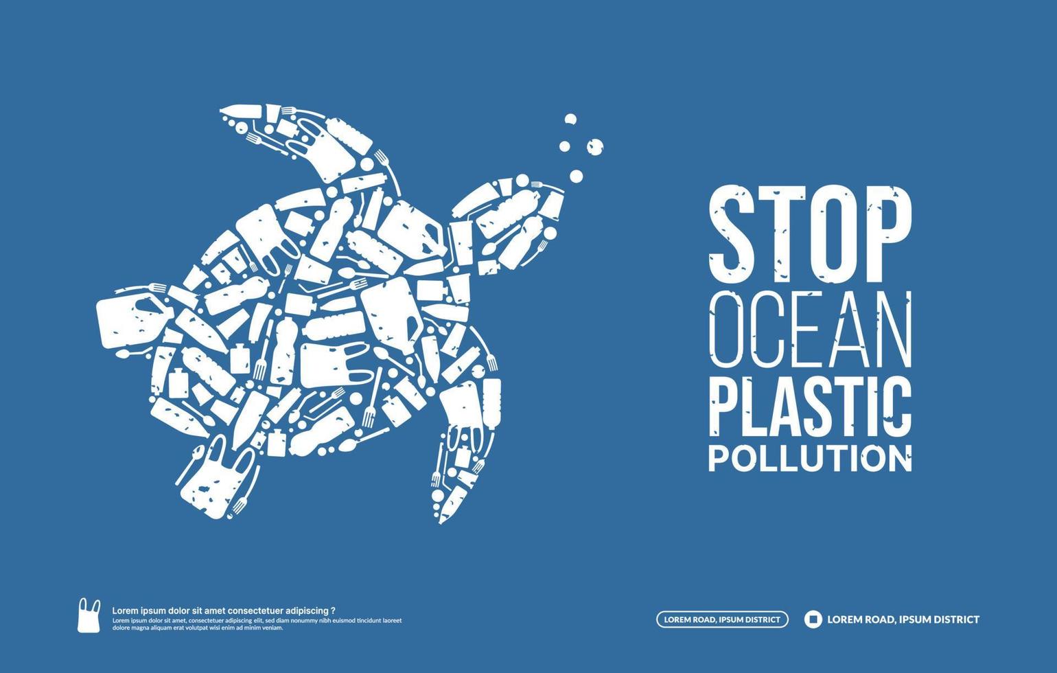 conceito de parar a poluição plástica oceânica, problema ambiental oceânico, tartaruga animal marinha composta por lixo plástico, dia mundial do oceano vetor