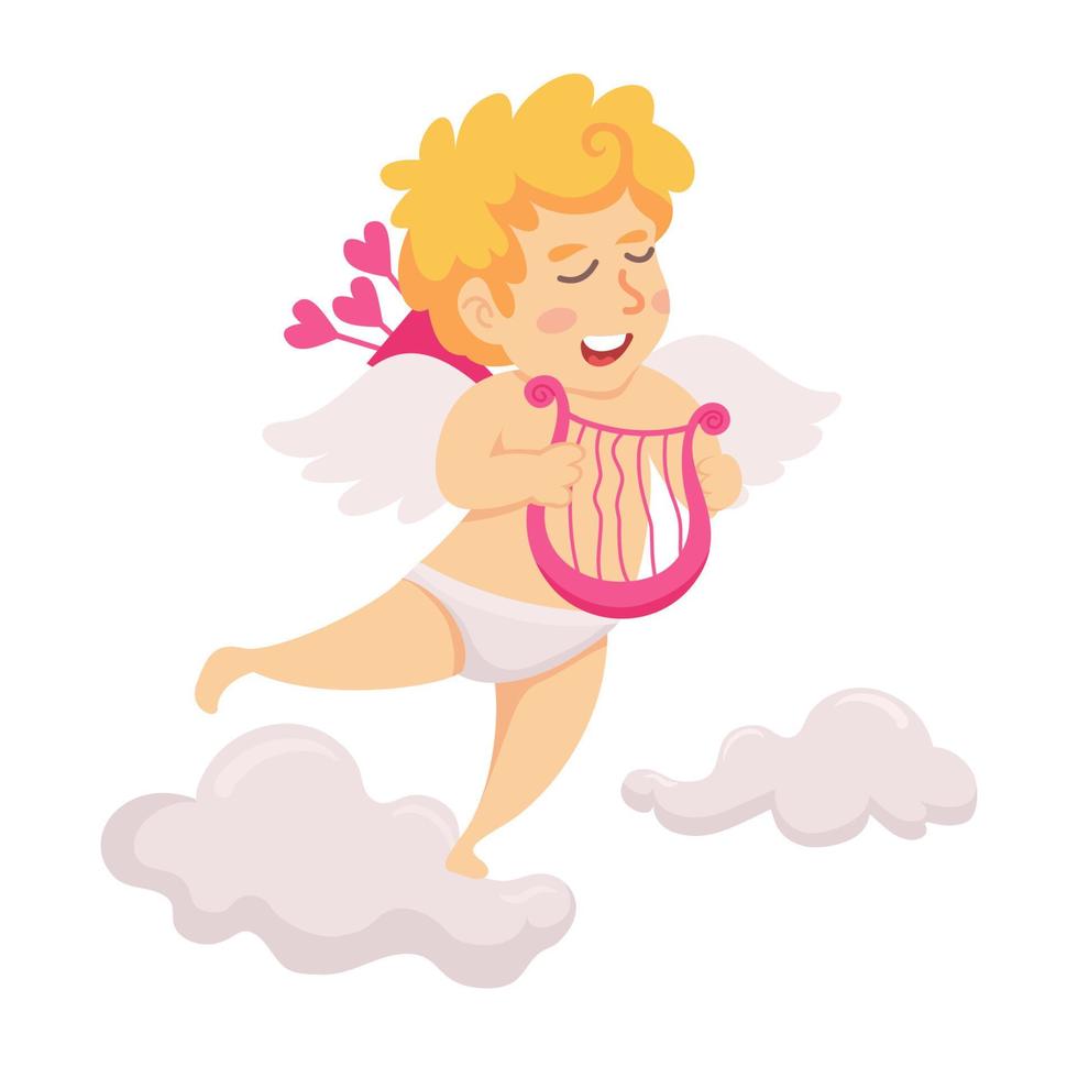 Cupido fofo tocando na ilustração vetorial de personagem isolado de harpa vetor