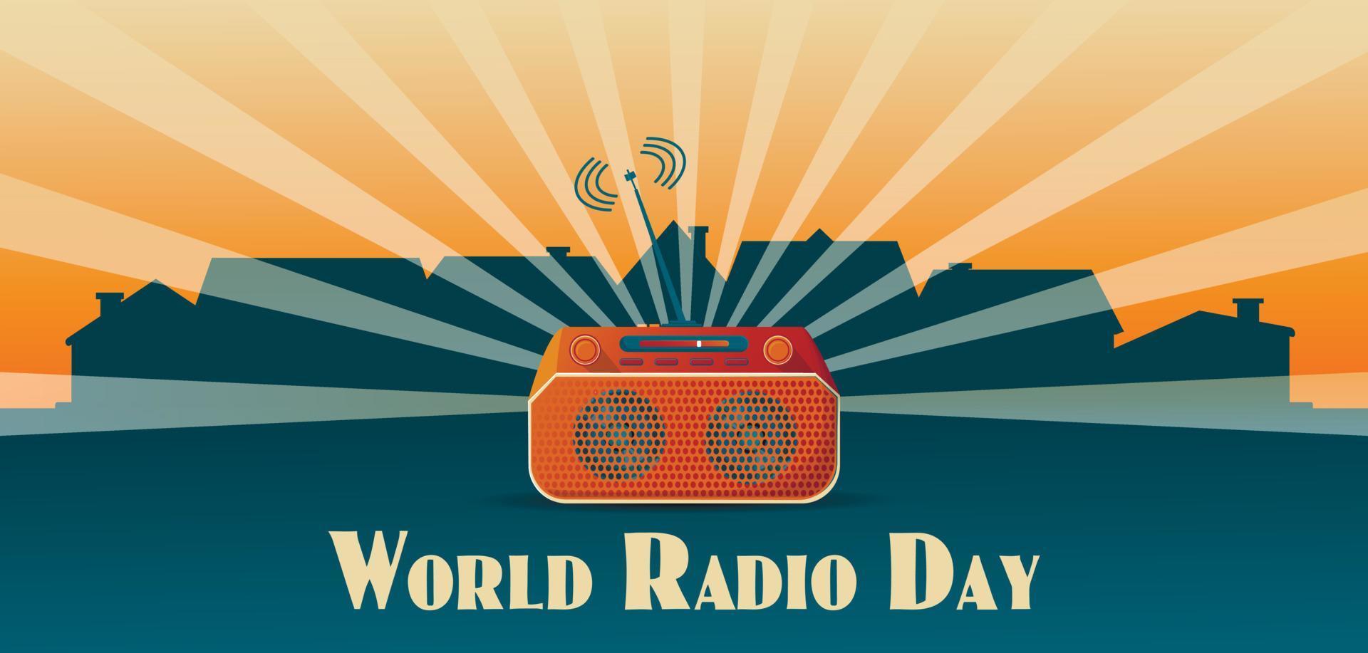 banner ou cartaz para o dia mundial do rádio com sistema estéreo de cassete retrô no fundo da cidade com letras de conceito vetor