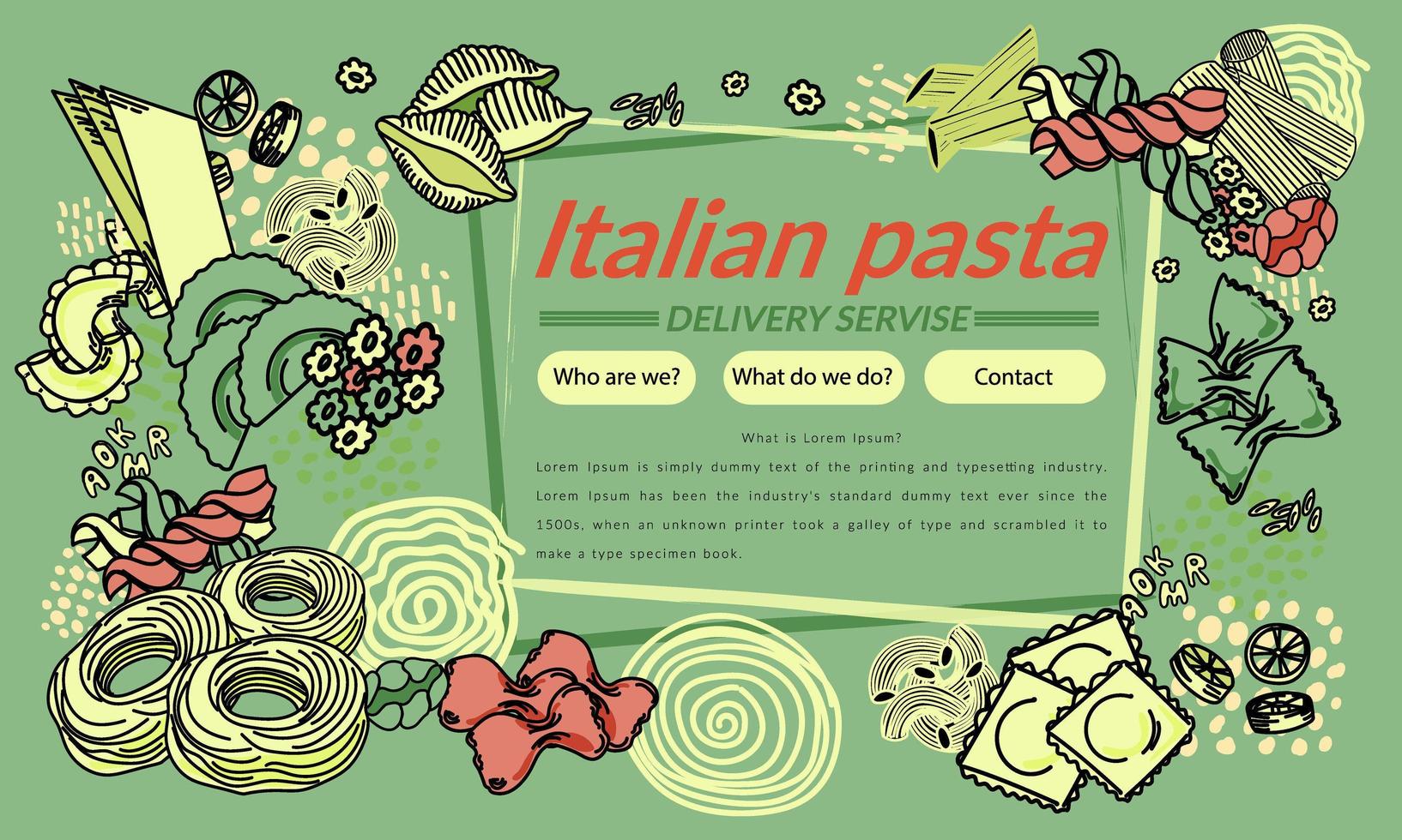 massas italianas em um quadro. ilustração vetorial desenhada à mão em estilo doodle. produtos de massas italianas. modelo de design de serviço de alimentação, site, panfleto. ilustração de farfalle, penne e espaguete. vetor