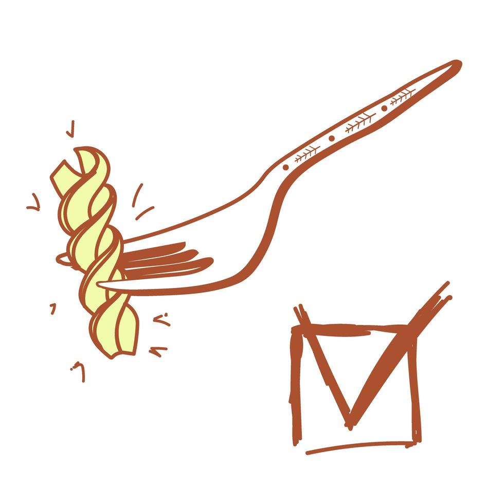 um esboço de estilo doodle desenhado à mão. votando, sim. marque com uma caixa. macarrão desenhado à mão, fusilli, garfo. vetor