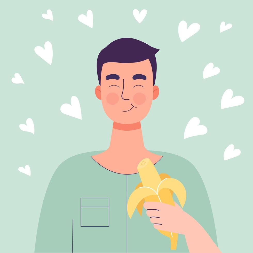 homem bonito feliz comendo banana. conceito de comida saudável, lanche saudável. frutas, vitaminas para a saúde. ilustração vetorial plana isolada no fundo branco vetor