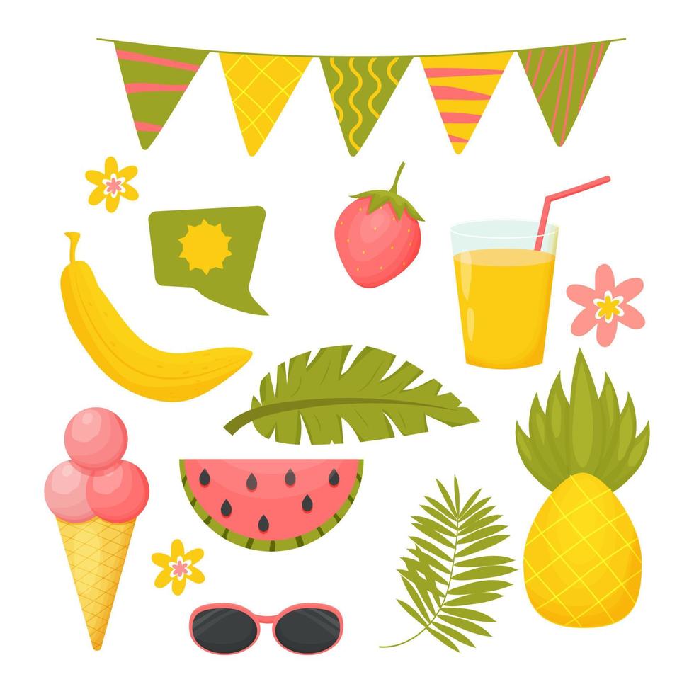 Olá conjunto de verão, coleção de objetos isolados no fundo branco em desenho animado, estilo escandinavo. banana, abacaxi, morango e melancia. bolha do discurso, folhas de palmeira e óculos de sol vetor