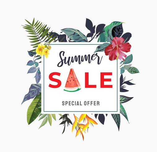 sinal de venda de verão com ilustração de flor tropical vetor