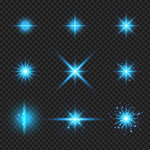 Conjunto de elementos brilhantes raios de explosão de luz azul, estrelas rajadas com brilhos isolados no fundo transparente vetor