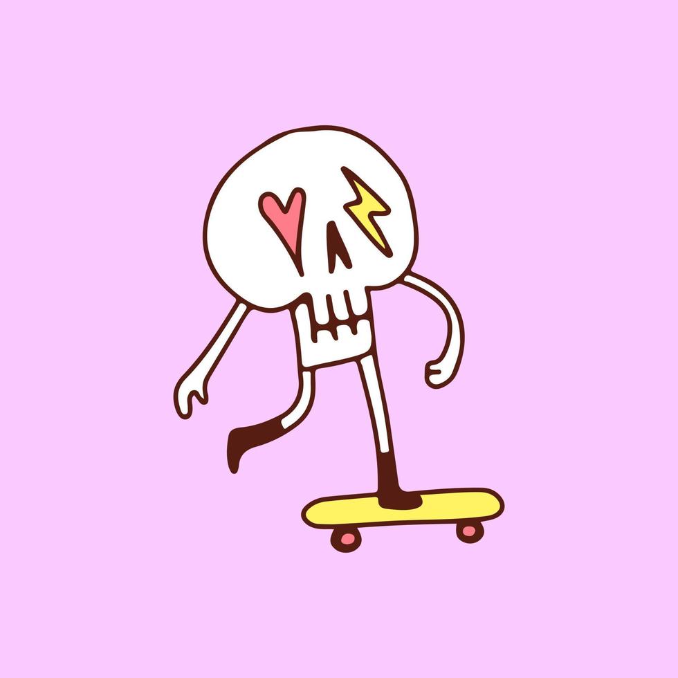 crânio bonito com olhos de trovão e amor andar de skate, ilustração para t-shirt, cartaz, adesivo ou mercadoria de vestuário. com estilo de desenho animado. vetor