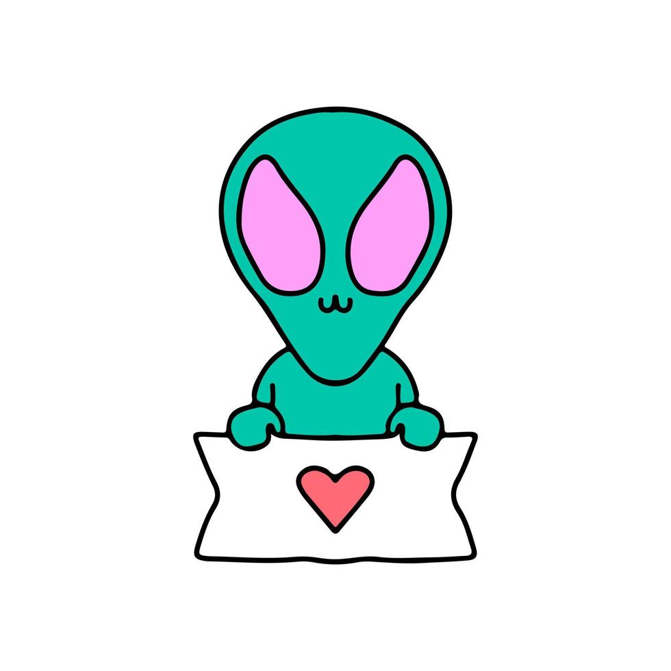 personagem de mascote alienígena fofo segurando placa de amor. ilustração para adesivo e camiseta. vetor