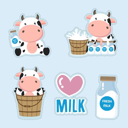 Desenhos animados pequenos da vaca e do leite. Projeto bonito da etiqueta. vetor