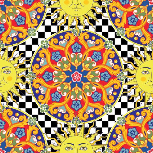 Fundo brilhante sem emenda. Mandala decorativa redonda étnica colorida, sol com símbolo do rosto humano no teste padrão quadriculado. Estilo moderno. Ilustração vetorial vetor