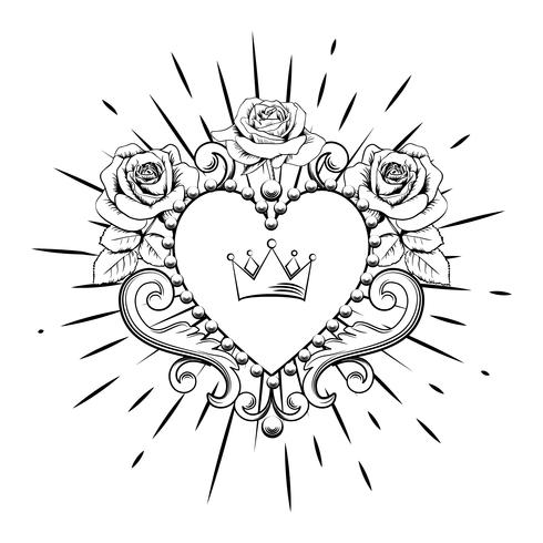 Coração decorativo bonito com coroa e rosas na cor preta isoladas no fundo branco. Ilustração vetorial vetor