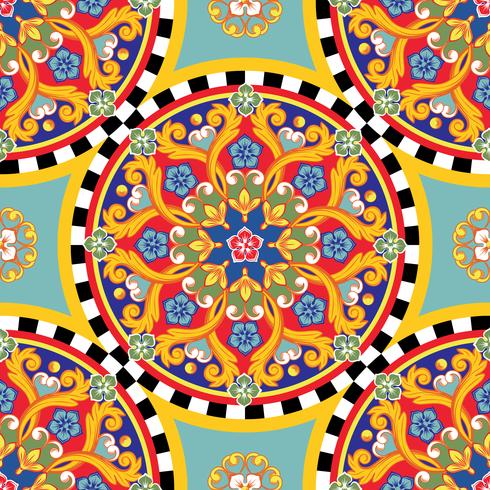 Fundo brilhante sem emenda. Mandala decorativa redonda étnica colorida. Padrão de moda. Ilustração vetorial vetor