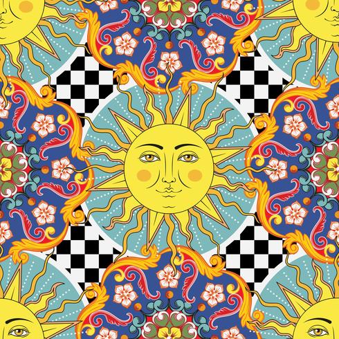 Fundo brilhante sem emenda. Mandala decorativa redonda étnica colorida, sol com símbolo do rosto humano no teste padrão quadriculado. Estilo moderno. Ilustração vetorial vetor