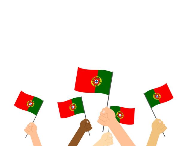 Mão segurando bandeiras de Portugal isoladas no fundo branco vetor