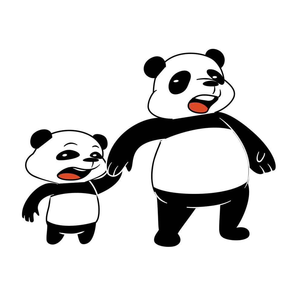 pequeno panda e pai de mãos dadas ilustração de desenho animado bonito isolada vetor