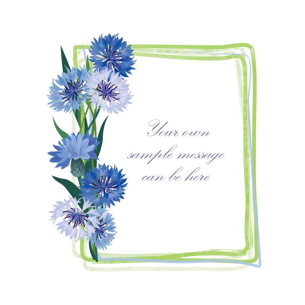 cartão de saudação de quadro de flores. fronteira de buquê de centáurea. fundo floral primavera prado. vetor