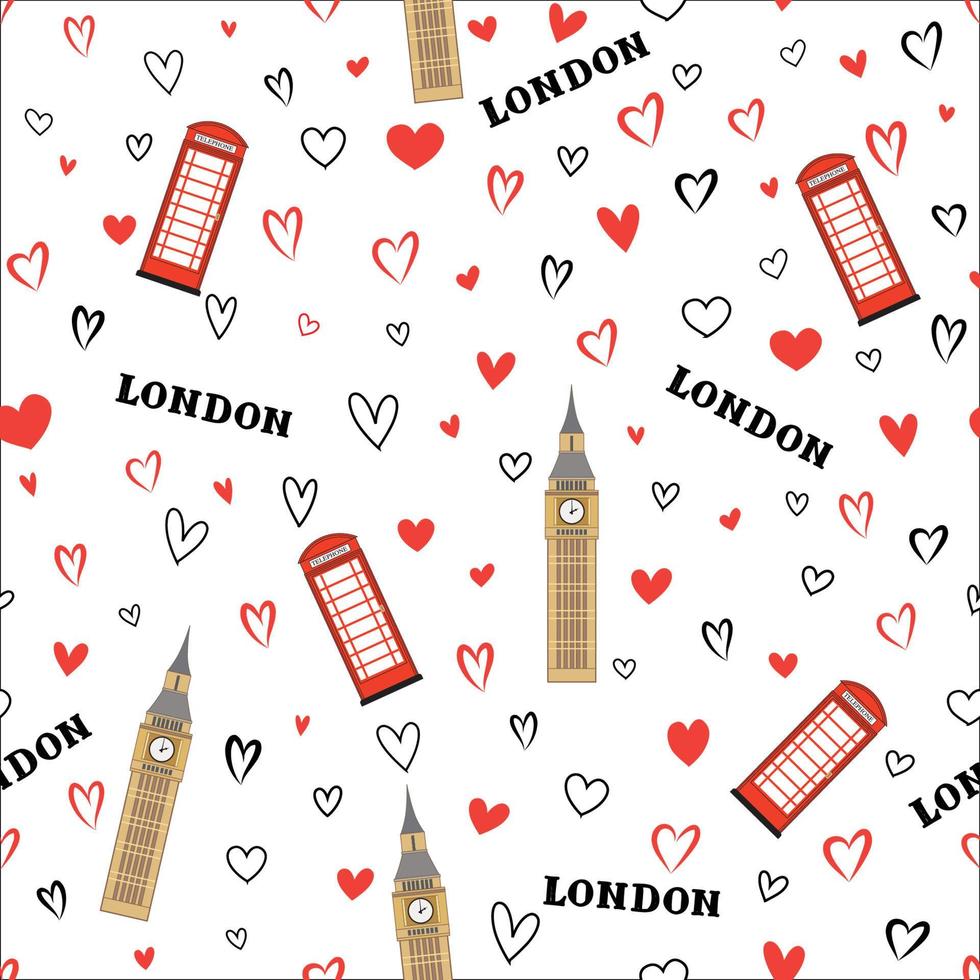 viajar sem costura padrão da cidade de londres com corações de amor e cabines vermelhas. papel de parede do marco britânico. fundo de férias na inglaterra europeia vetor