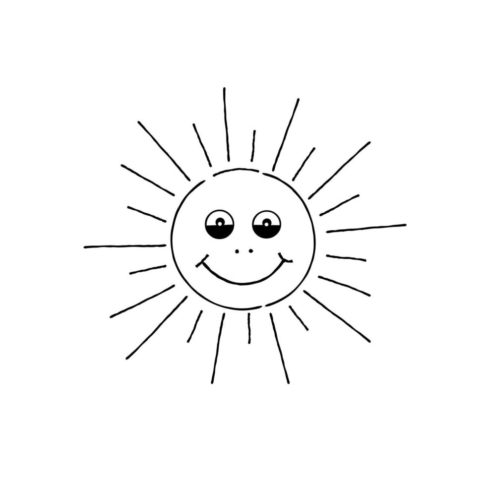 desenho de sol sorridente. férias de verão doodle sinal feliz cara engraçada vetor