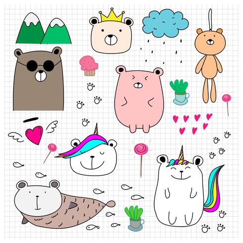 Doodle fofo urso conjunto. Mão desenhada estilo ilustração vetorial. vetor