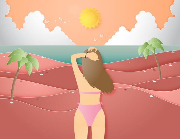 Conceito criativo do fundo do verão da ilustração com paisagem da praia e do mar, menina do biquini. vetor