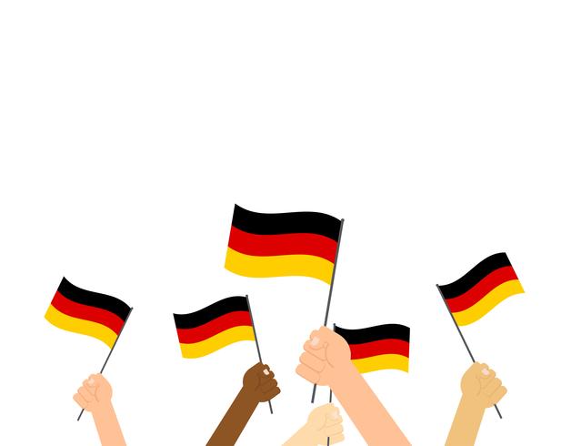 Mãos de ilustração vetorial segurando bandeiras da Alemanha em fundo branco vetor
