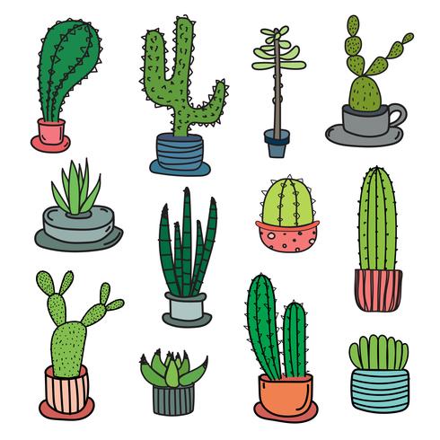 Mão desenhada Doodle Cactus Vector Set. Ilustração vetorial artesanal.