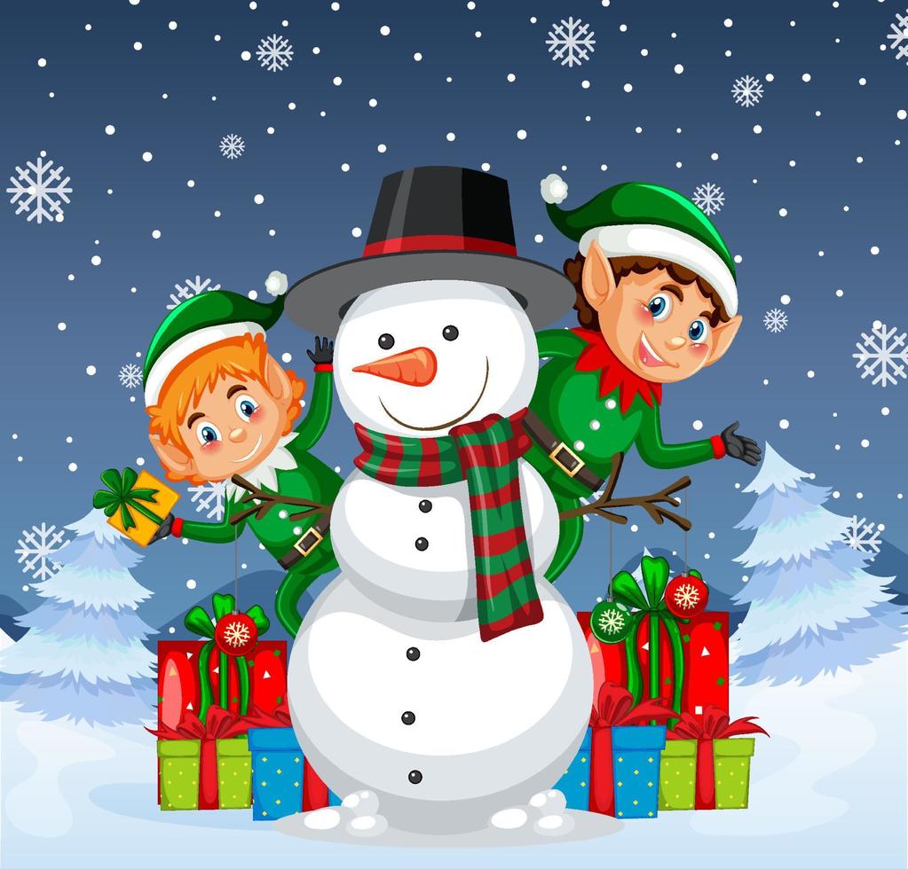 noite de inverno nevado com elfos de natal e boneco de neve vetor