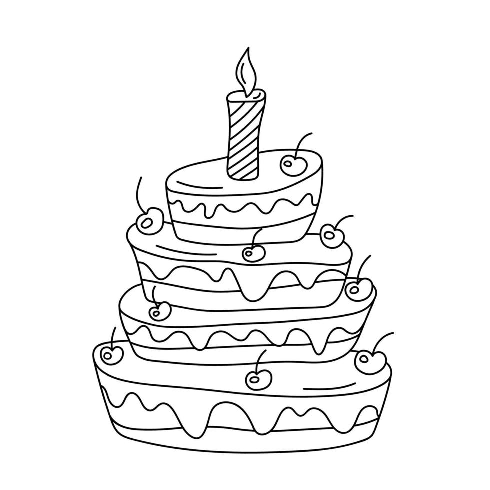 bolo de aniversário de três camadas com vela em estilo doodle. vetor