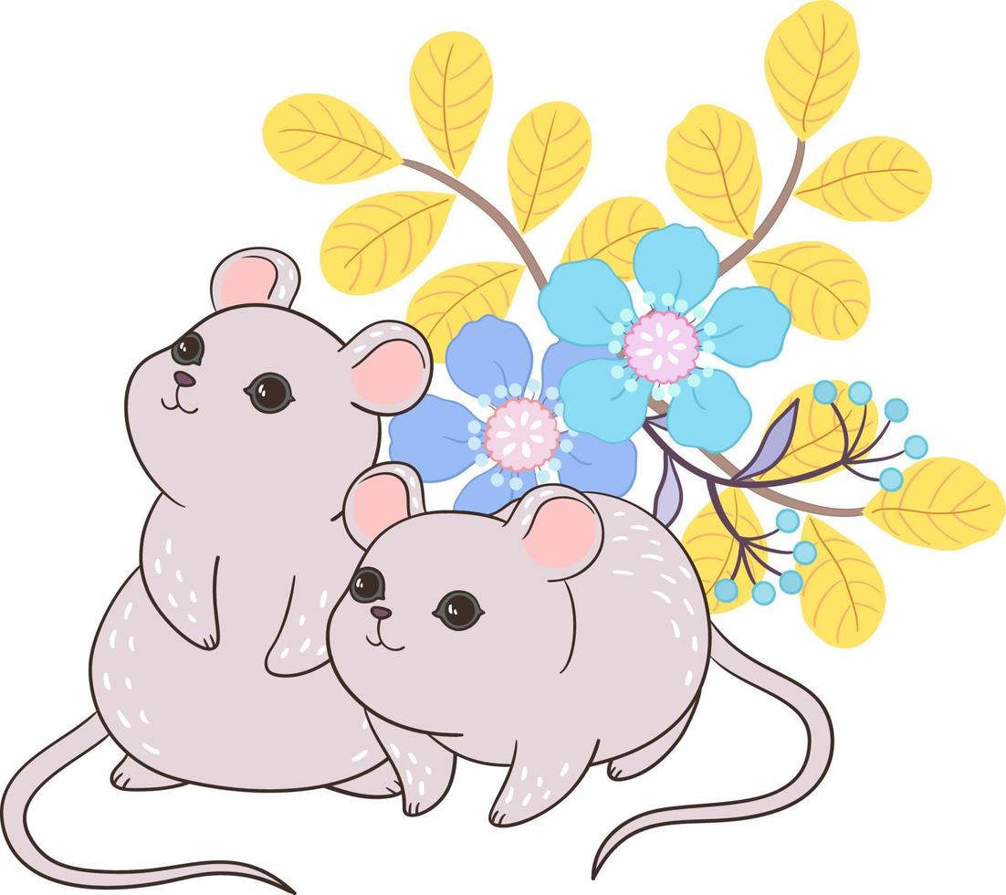dois ratos olhando para cima e o fundo são flores vetor