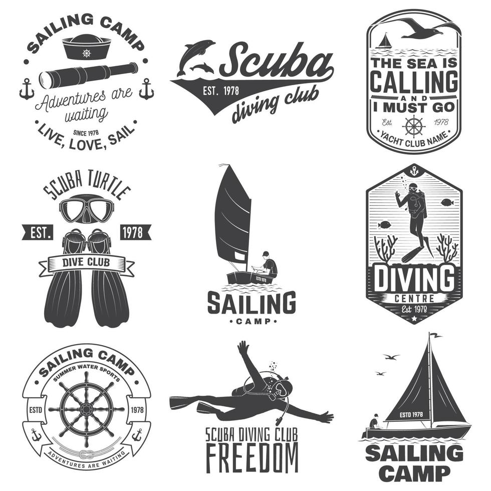 conjunto de emblemas de acampamento de vela, iate clube e clube de mergulho. vetor. conceito para camisa, carimbo ou camiseta. design de tipografia vintage com equipamento de mergulho e silhueta de barco à vela. esporte aquático extremo. vetor