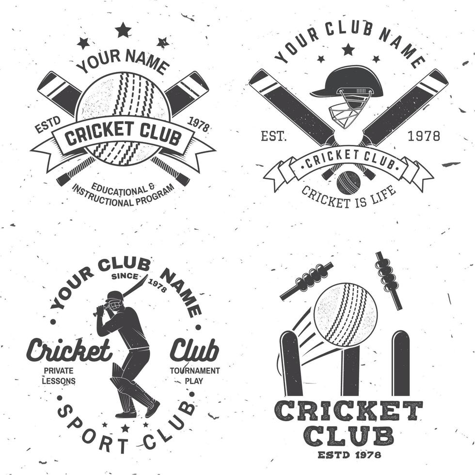 conjunto de emblemas do clube de críquete. vetor. conceito para impressão, carimbo ou camiseta. design de tipografia vintage com silhueta de batedor de críquete, bola, postigo, fiança e capacete. modelos para clube esportivo. vetor