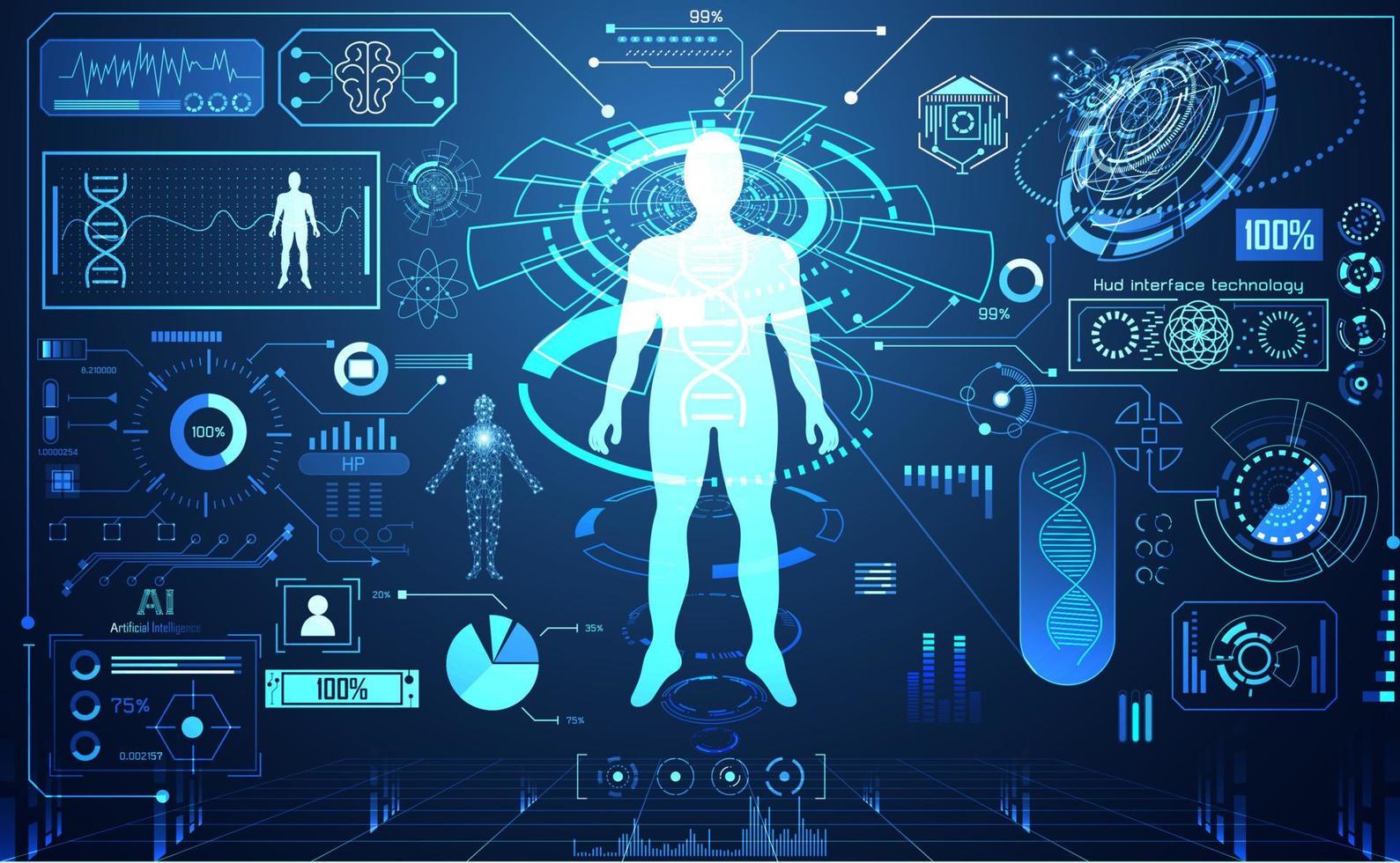 tecnologia abstrata ui conceito futurista hud interface holograma elementos do gráfico de dados digitais, comunicação, computação, corpo humano digital cuidados de saúde saúde design futuro em fundo de alta tecnologia. vetor